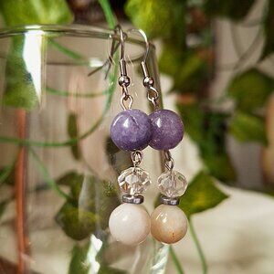 Purple & White Chalcedony Crystal Dangle Earrings - Stainless Steel Wire